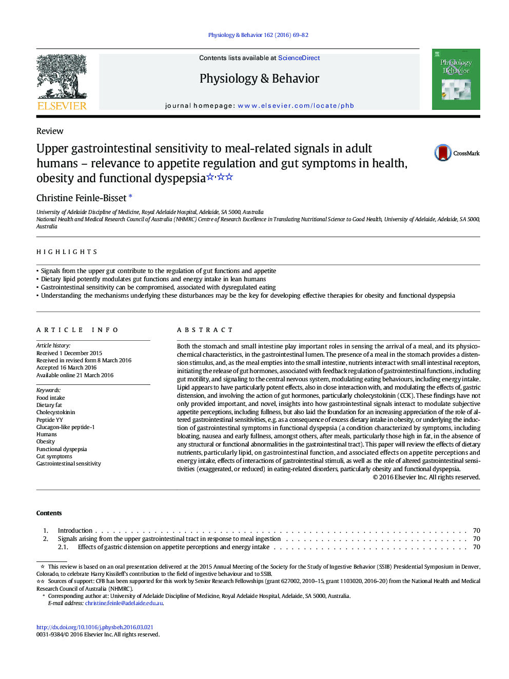 Upper gastrointestinal sensitivity to meal-related signals in adult humans – relevance to appetite regulation and gut symptoms in health, obesity and functional dyspepsia 