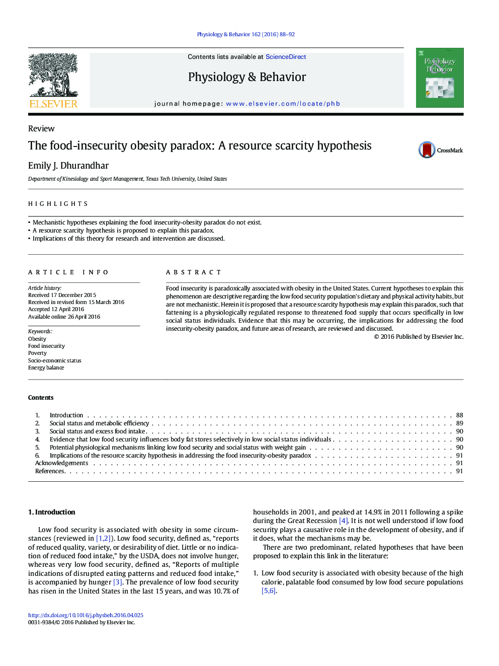 The food-insecurity obesity paradox: A resource scarcity hypothesis