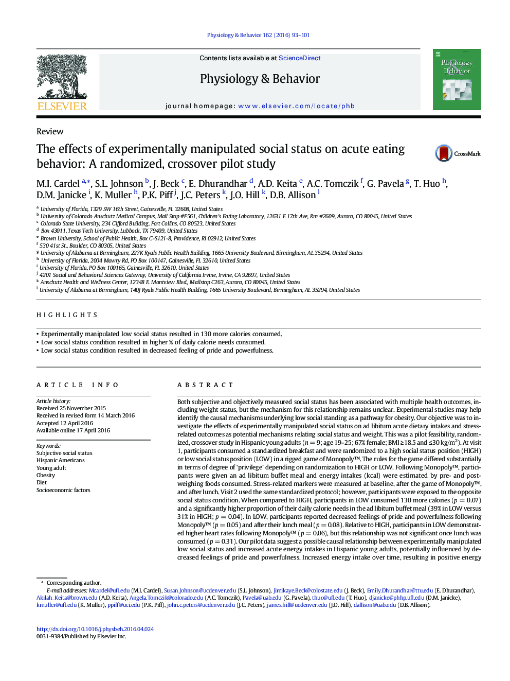 The effects of experimentally manipulated social status on acute eating behavior: A randomized, crossover pilot study