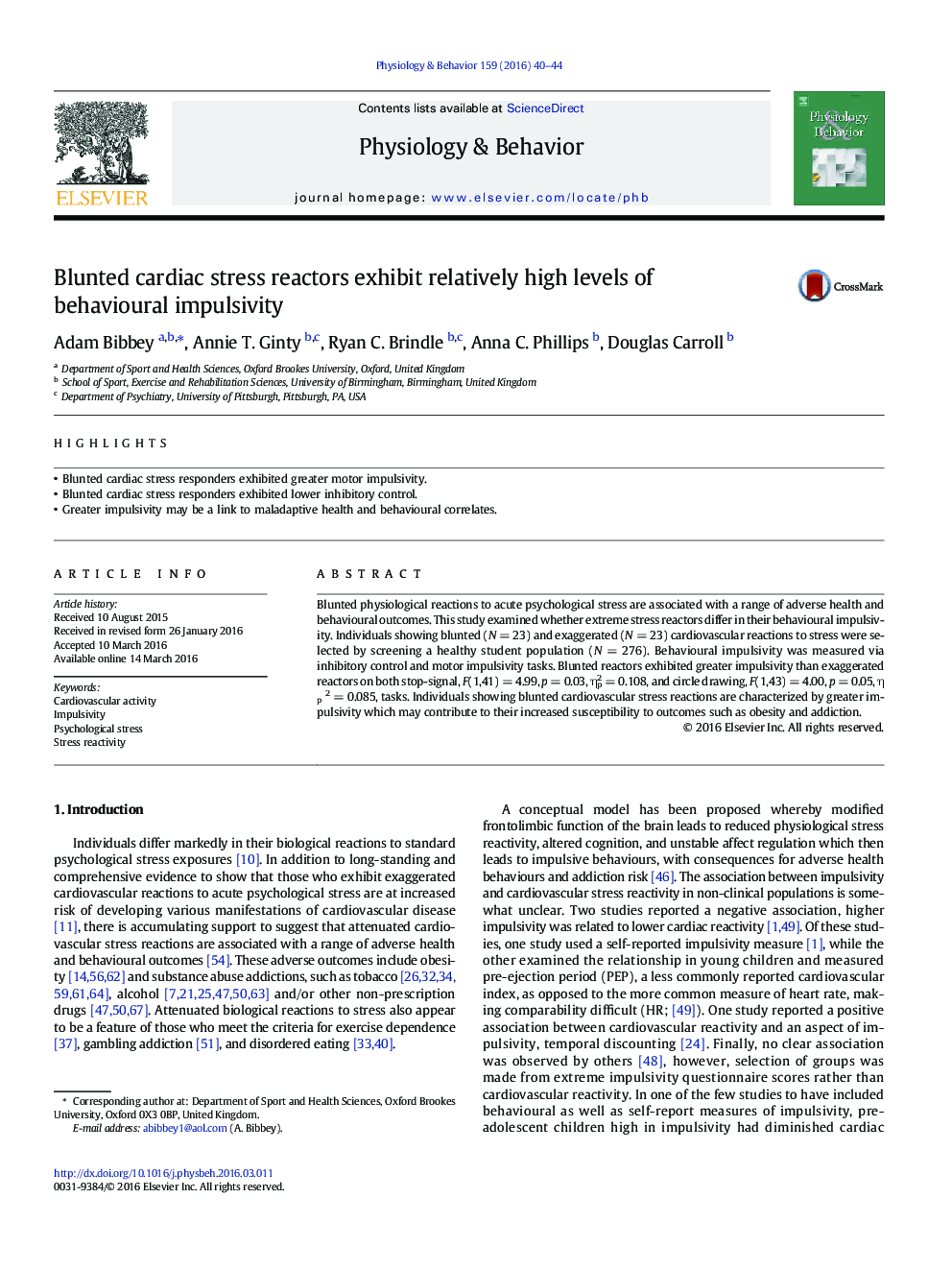 Blunted cardiac stress reactors exhibit relatively high levels of behavioural impulsivity