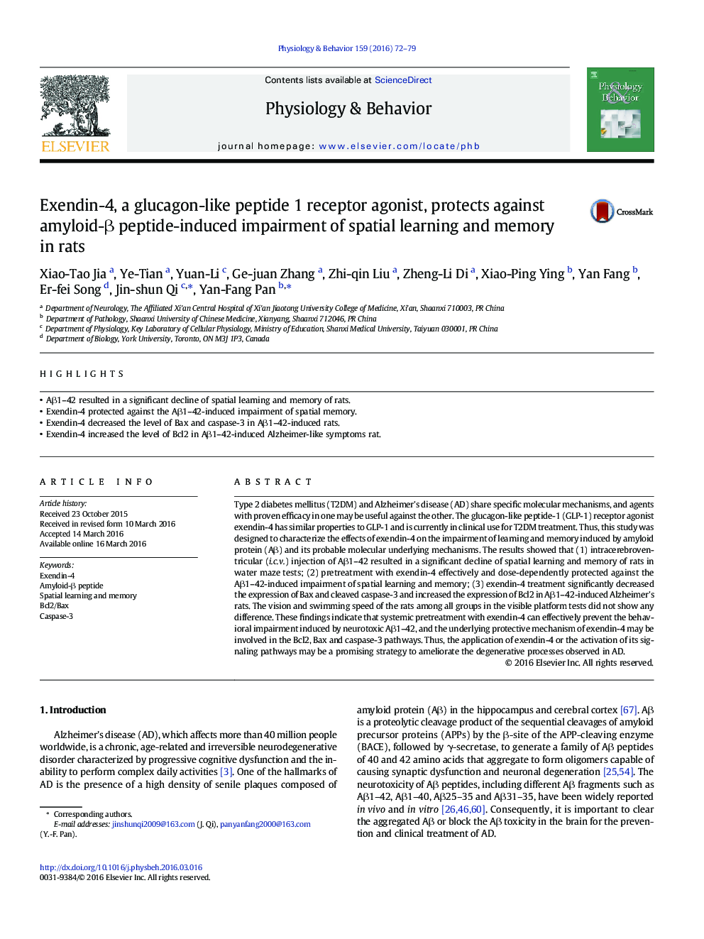 Exendin-4, a glucagon-like peptide 1 receptor agonist, protects against amyloid-β peptide-induced impairment of spatial learning and memory in rats