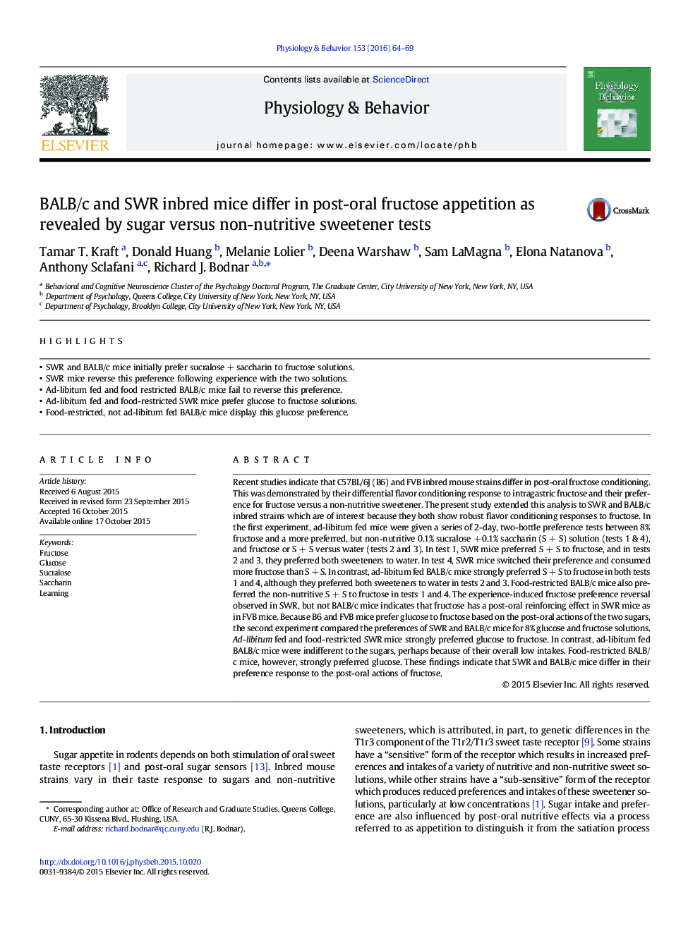 BALB/c and SWR inbred mice differ in post-oral fructose appetition as revealed by sugar versus non-nutritive sweetener tests