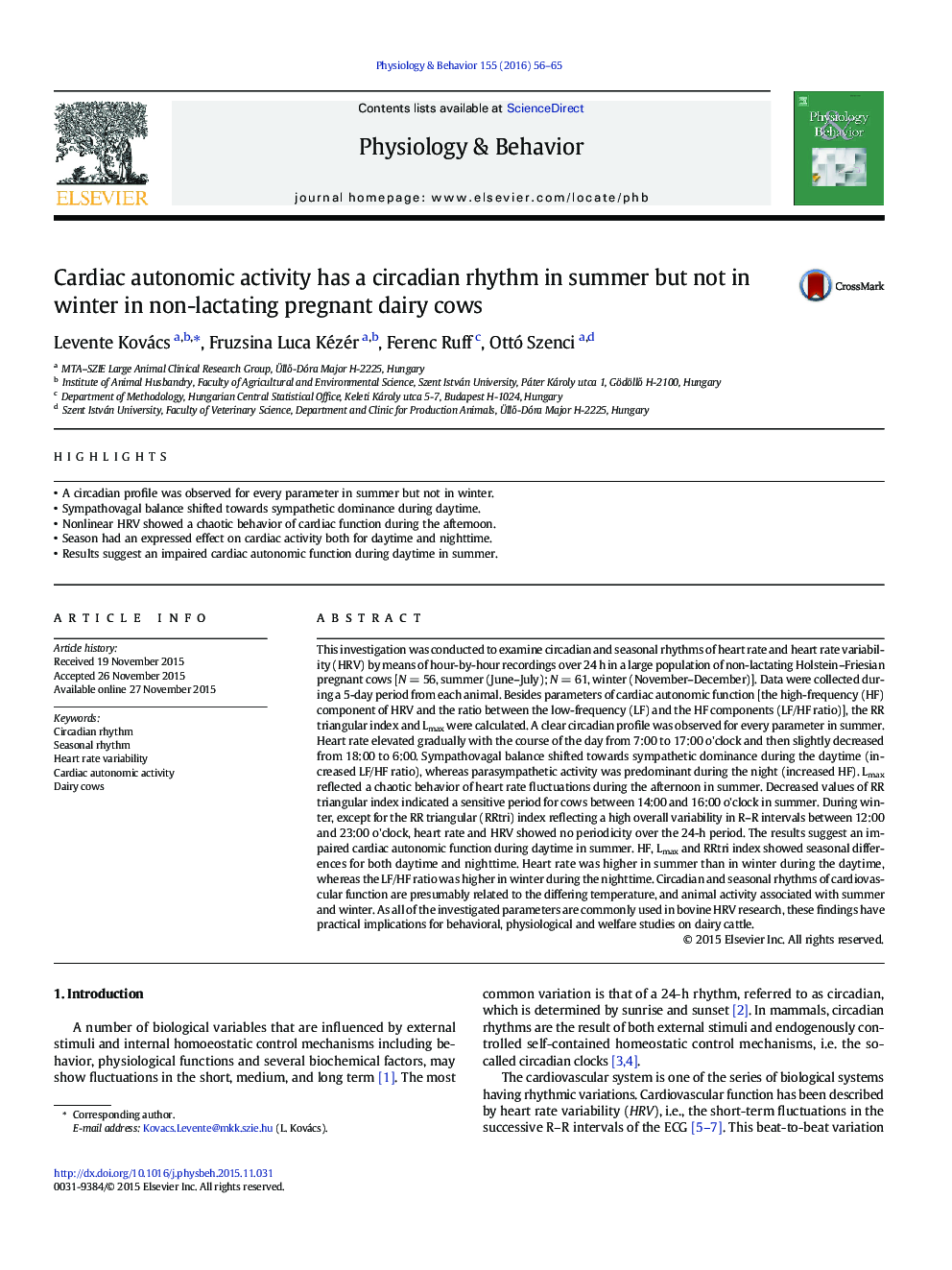 Cardiac autonomic activity has a circadian rhythm in summer but not in winter in non-lactating pregnant dairy cows