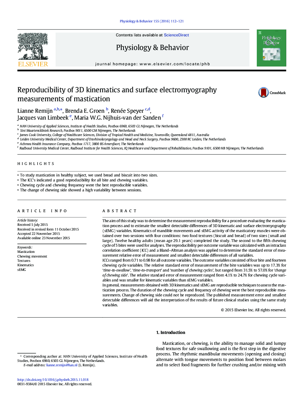 Reproducibility of 3D kinematics and surface electromyography measurements of mastication