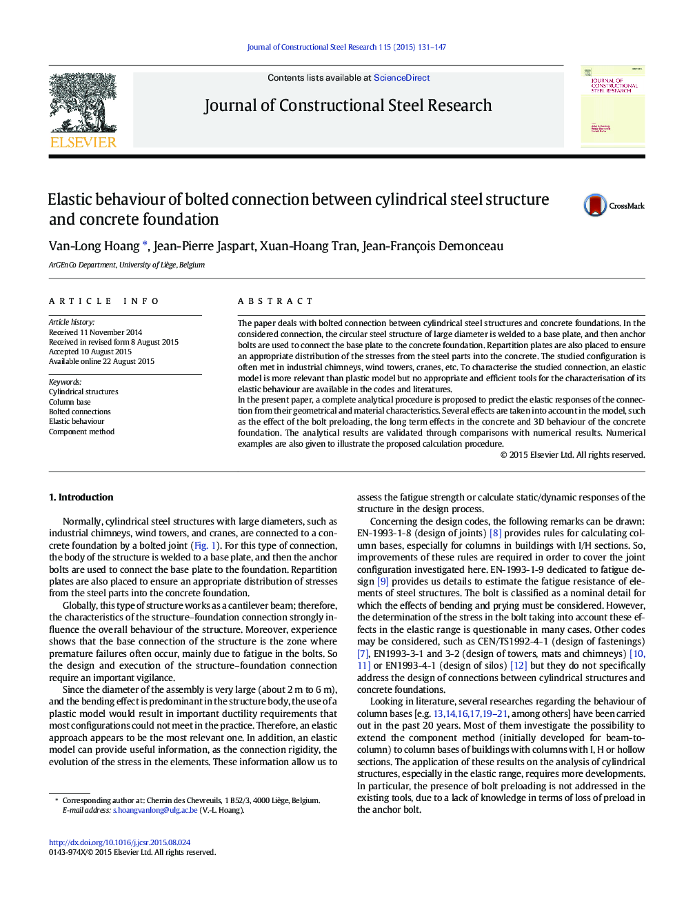 Elastic behaviour of bolted connection between cylindrical steel structure and concrete foundation