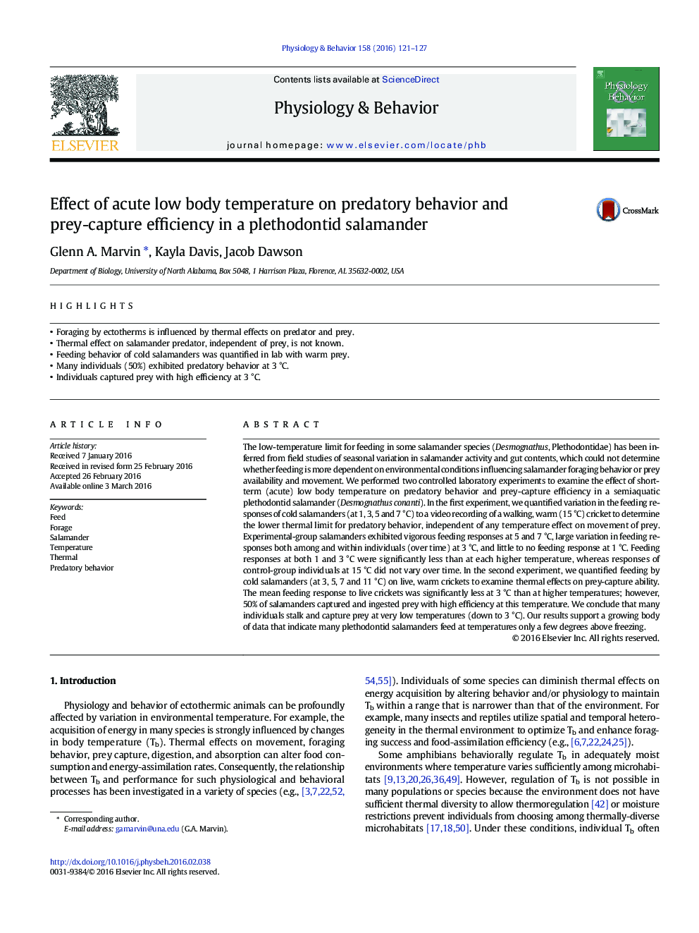 Effect of acute low body temperature on predatory behavior and prey-capture efficiency in a plethodontid salamander