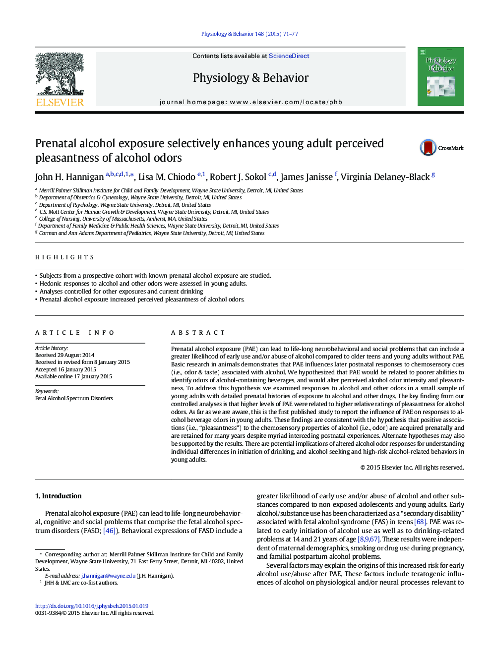 Prenatal alcohol exposure selectively enhances young adult perceived pleasantness of alcohol odors