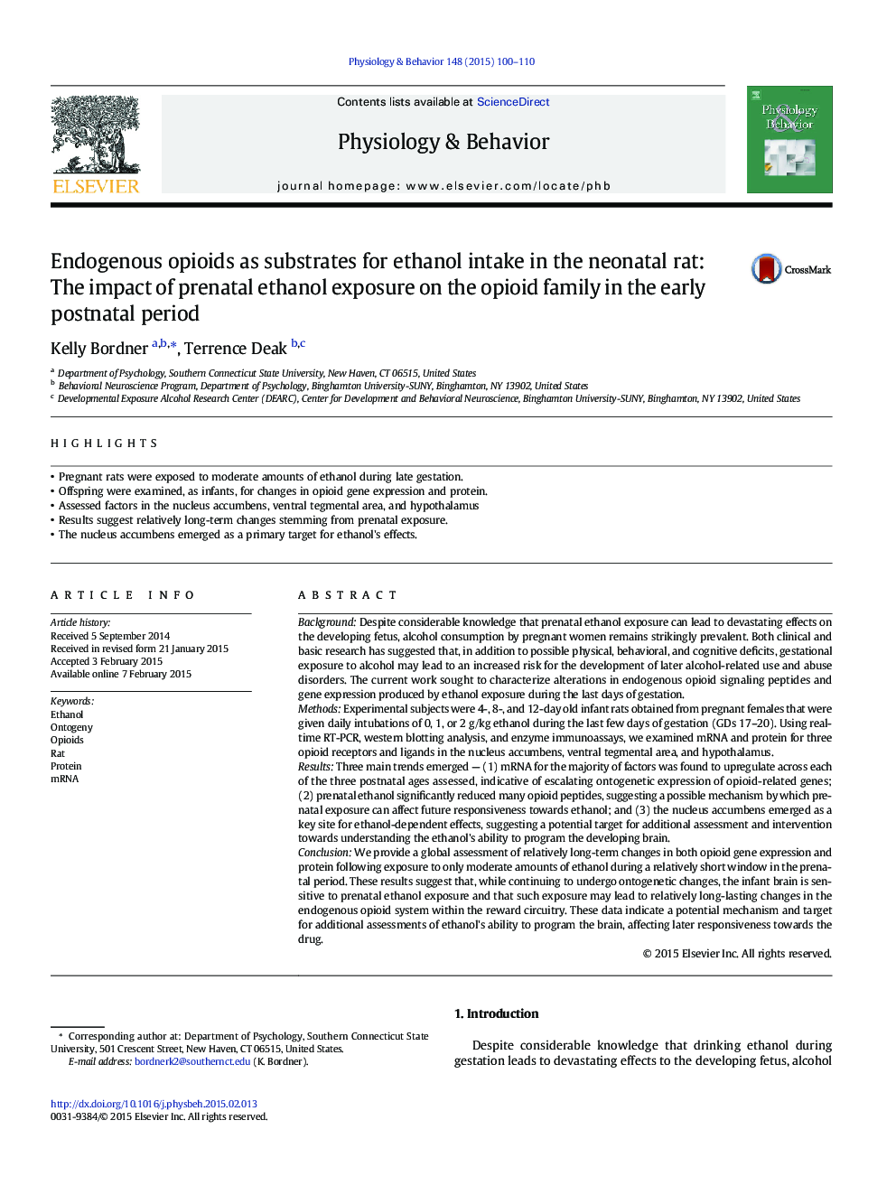 اپیوئید آندوژن بهعنوان زیرمجموعه مصرف اتانول در موش نوزادان: تاثیر عوارض پیش از تولد اتانول در خانواده اپیوئید در دوره اول بعد از تولد 