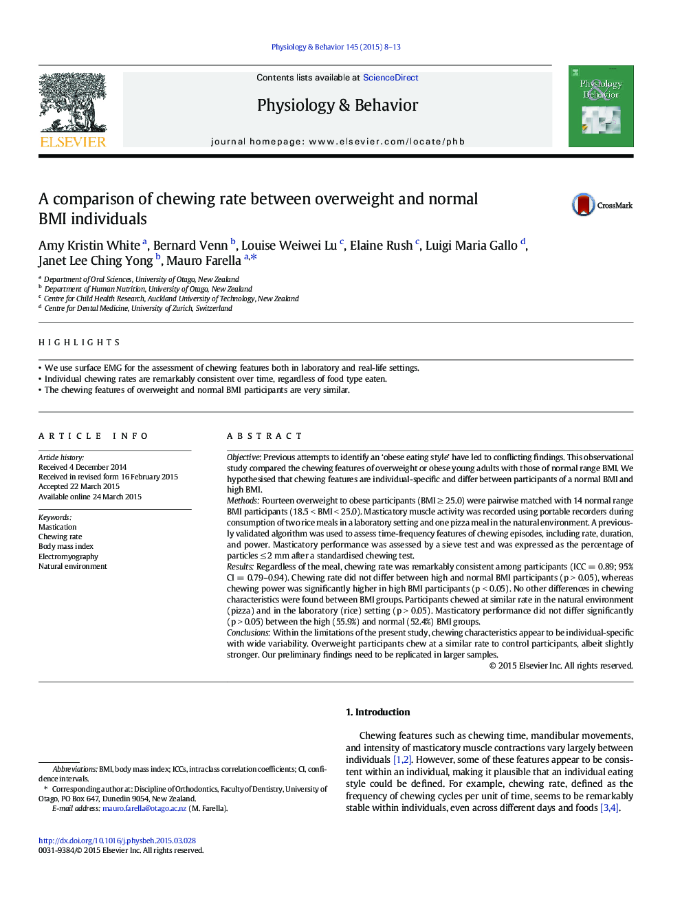 A comparison of chewing rate between overweight and normal BMI individuals