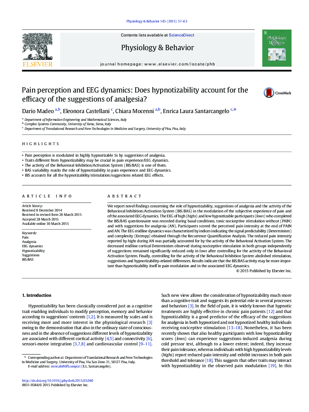 Pain perception and EEG dynamics: Does hypnotizability account for the efficacy of the suggestions of analgesia?