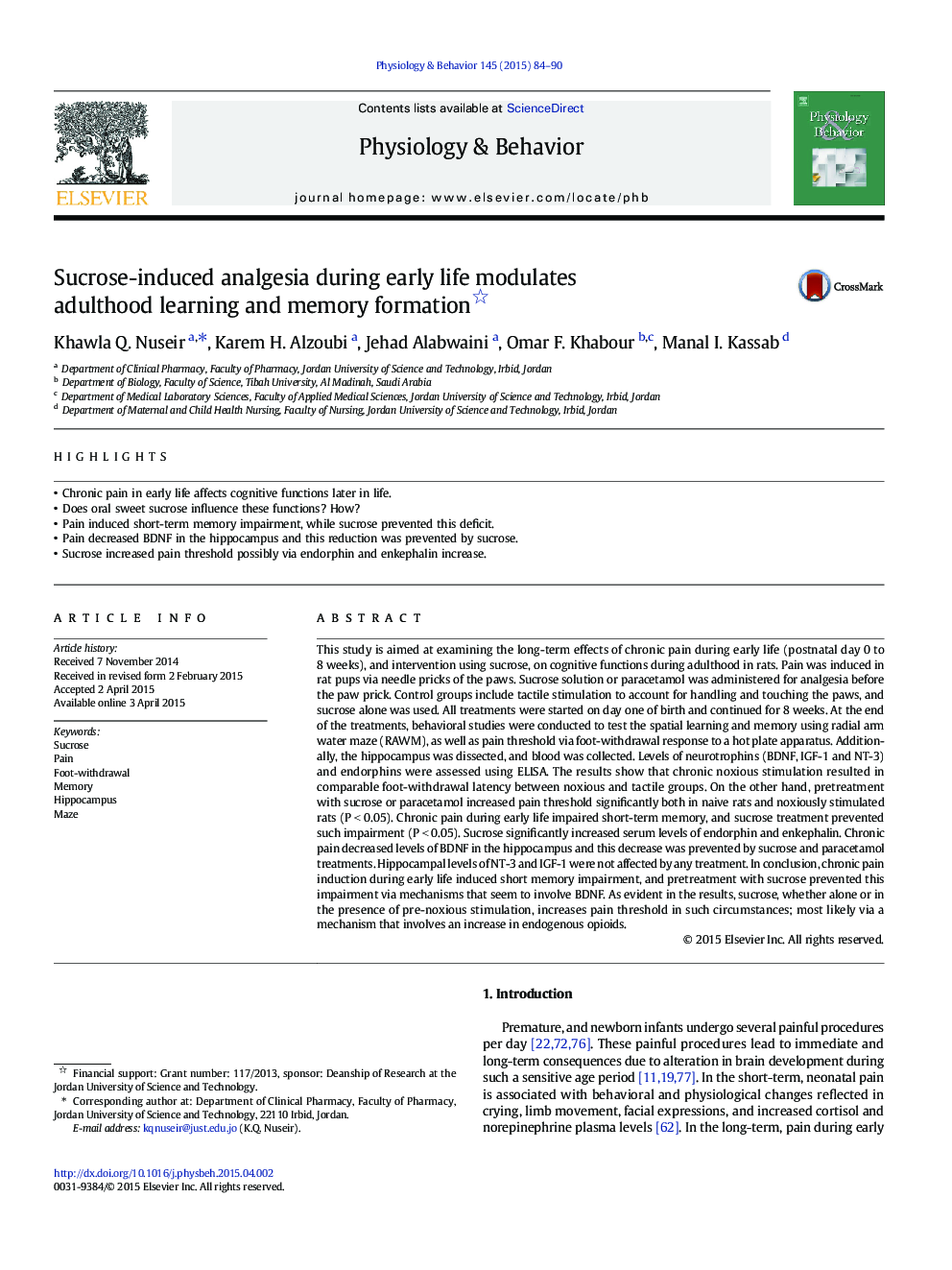 Sucrose-induced analgesia during early life modulates adulthood learning and memory formation 