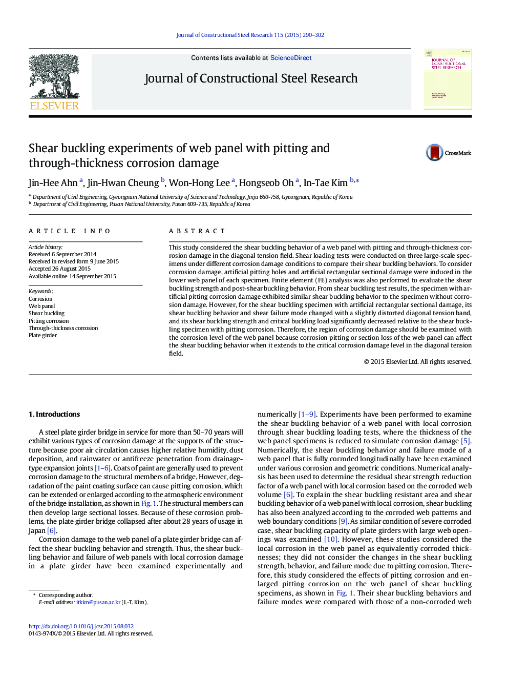 Shear buckling experiments of web panel with pitting and through-thickness corrosion damage