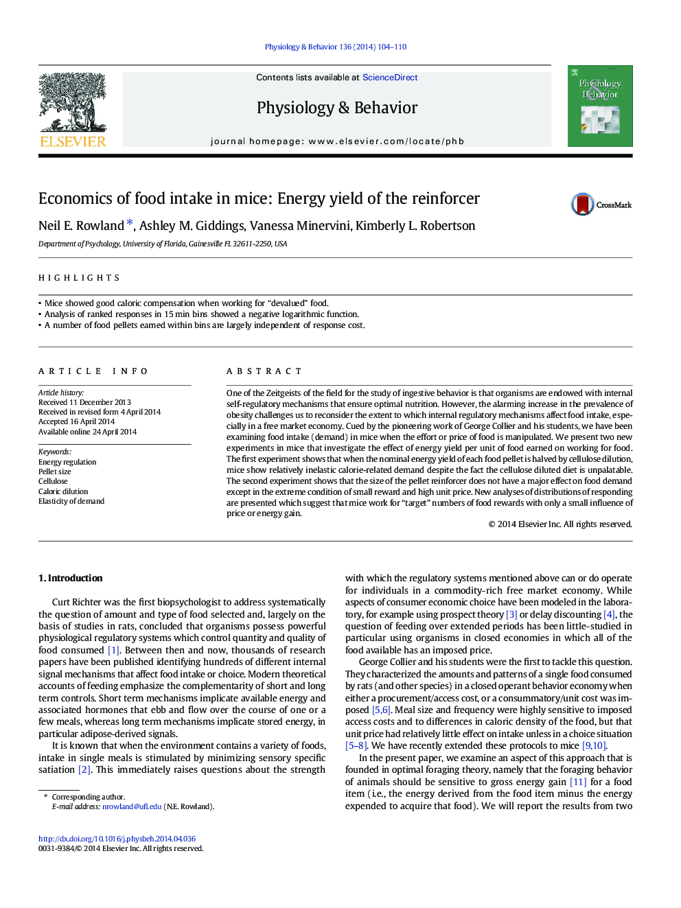 Economics of food intake in mice: Energy yield of the reinforcer