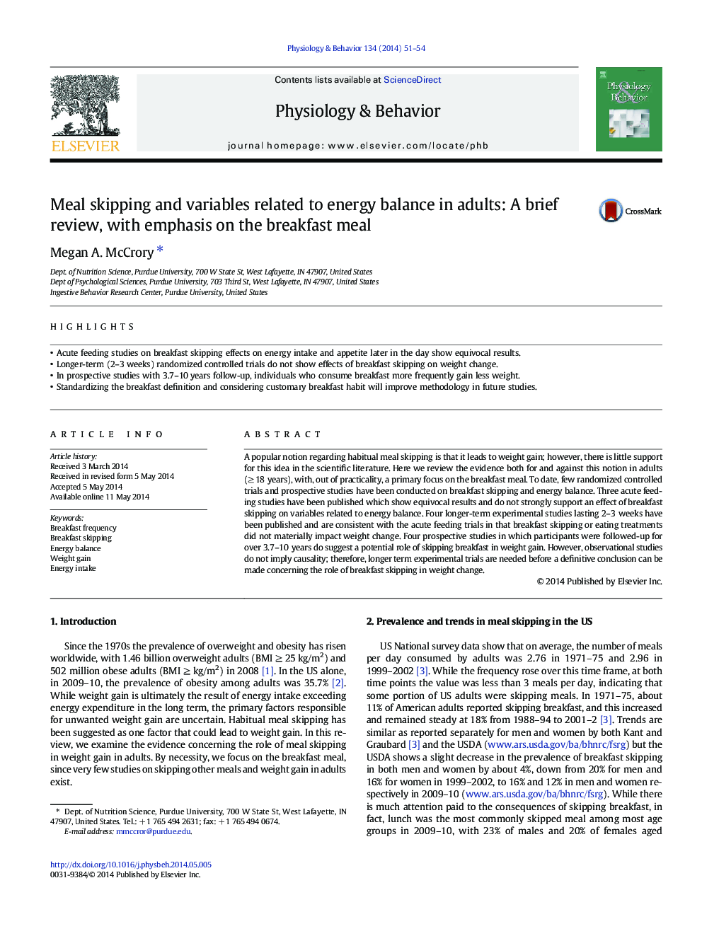 Meal skipping and variables related to energy balance in adults: A brief review, with emphasis on the breakfast meal