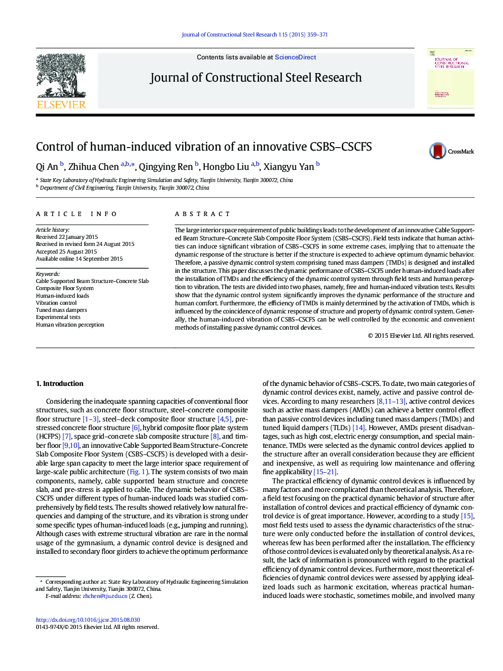 Control of human-induced vibration of an innovative CSBS–CSCFS