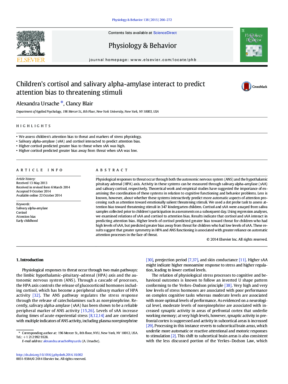 Children's cortisol and salivary alpha-amylase interact to predict attention bias to threatening stimuli