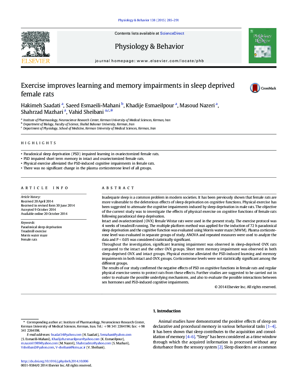 Exercise improves learning and memory impairments in sleep deprived female rats