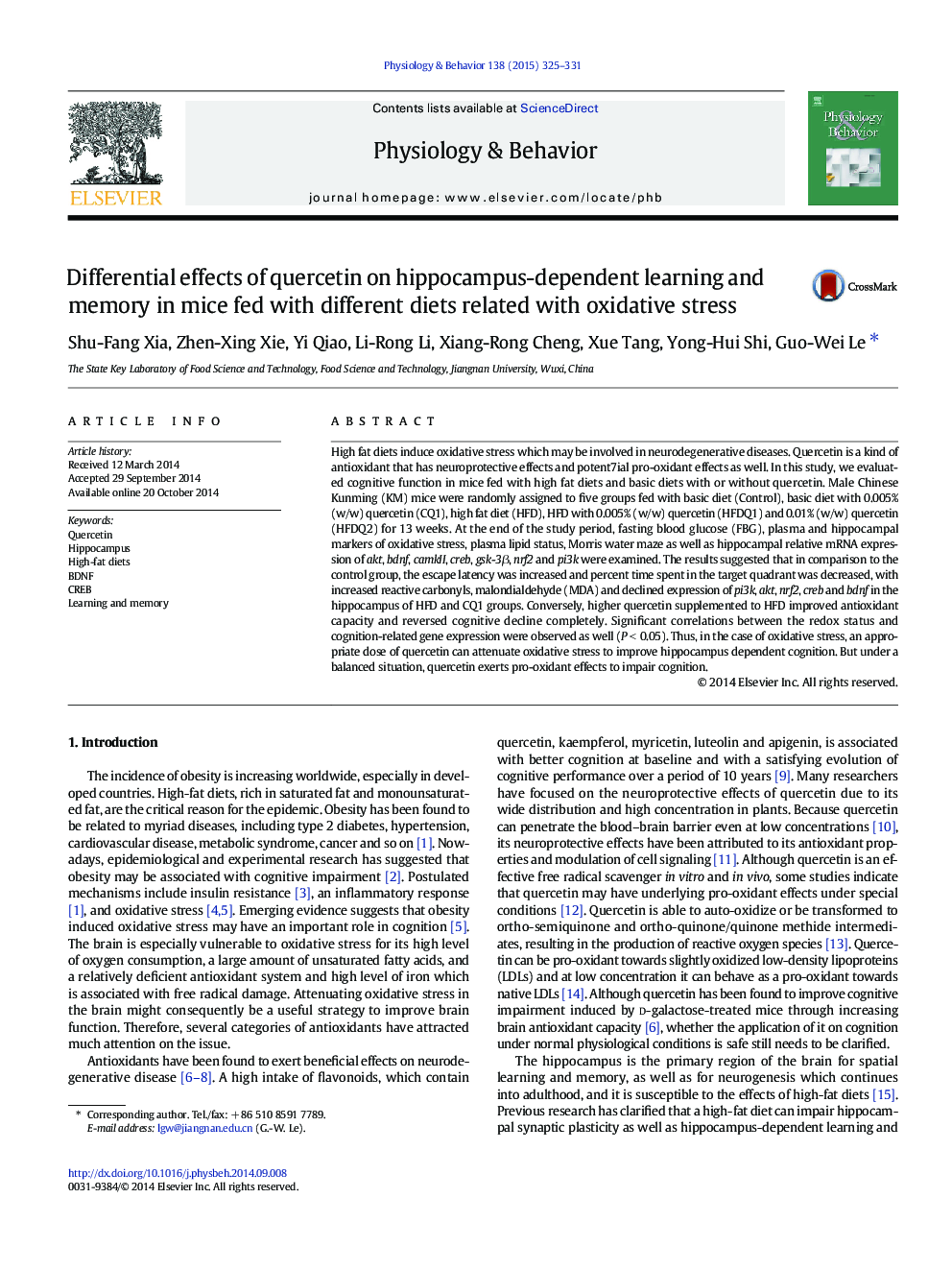 Differential effects of quercetin on hippocampus-dependent learning and memory in mice fed with different diets related with oxidative stress