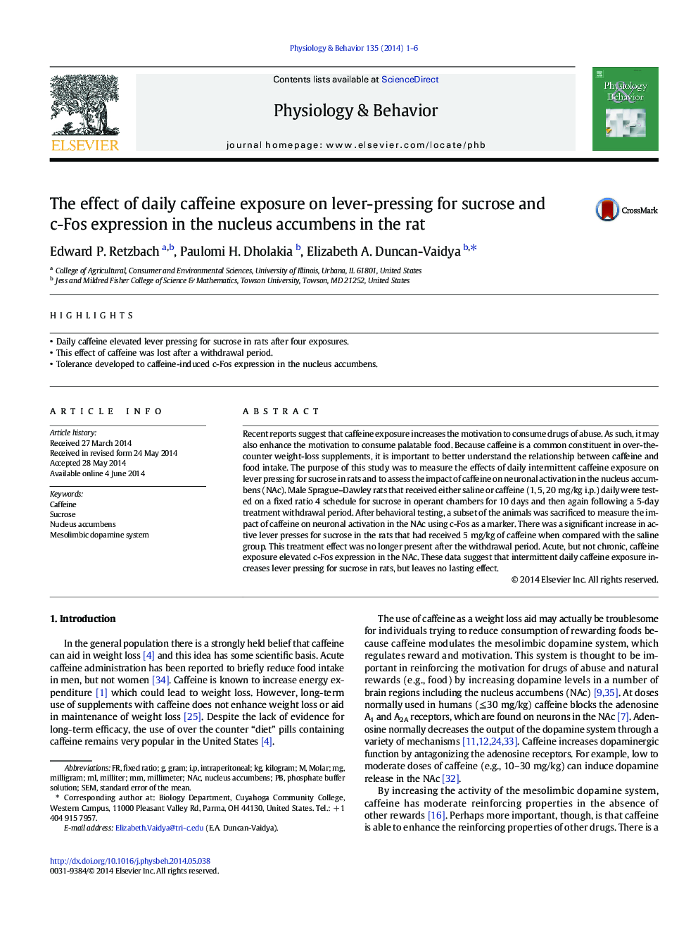 The effect of daily caffeine exposure on lever-pressing for sucrose and c-Fos expression in the nucleus accumbens in the rat