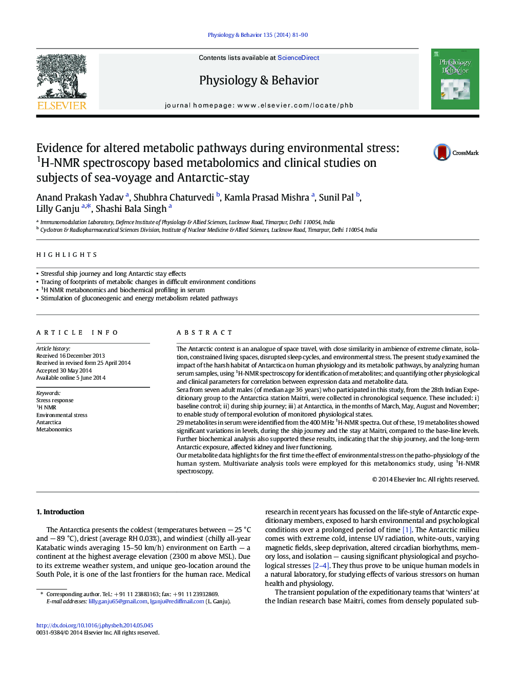 Evidence for altered metabolic pathways during environmental stress: 1H‐NMR spectroscopy based metabolomics and clinical studies on subjects of sea-voyage and Antarctic-stay