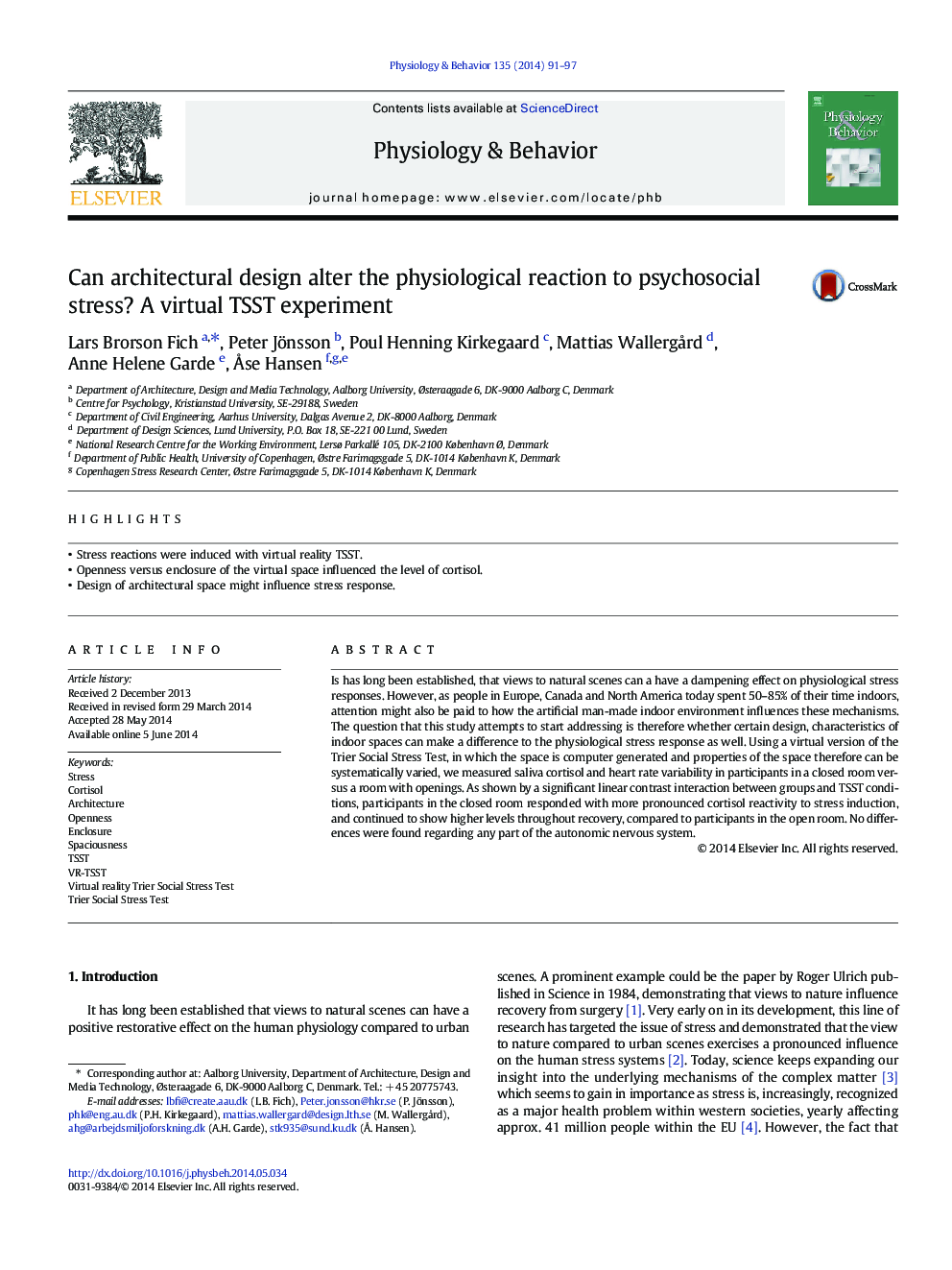 Can architectural design alter the physiological reaction to psychosocial stress? A virtual TSST experiment