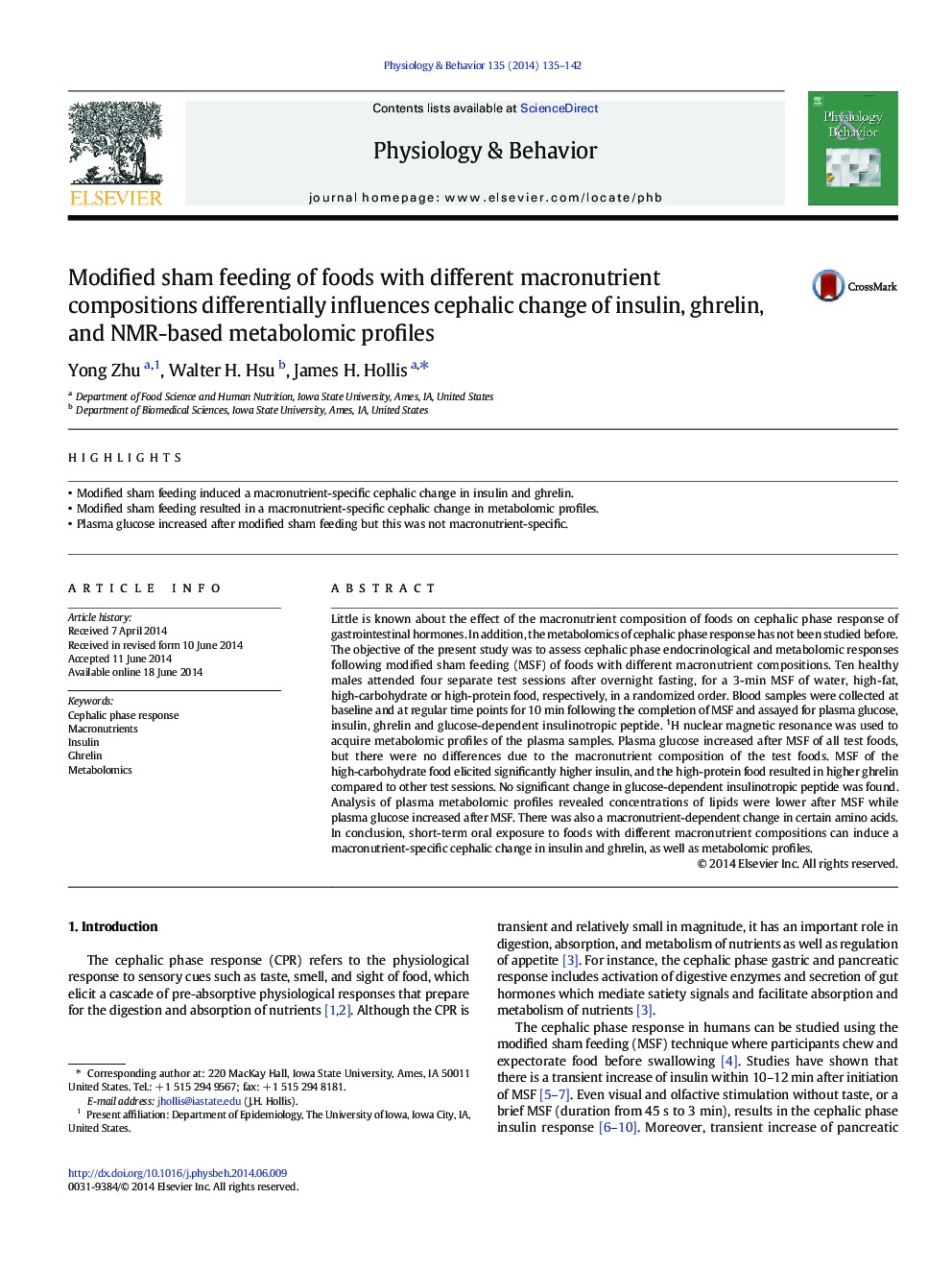 Modified sham feeding of foods with different macronutrient compositions differentially influences cephalic change of insulin, ghrelin, and NMR-based metabolomic profiles