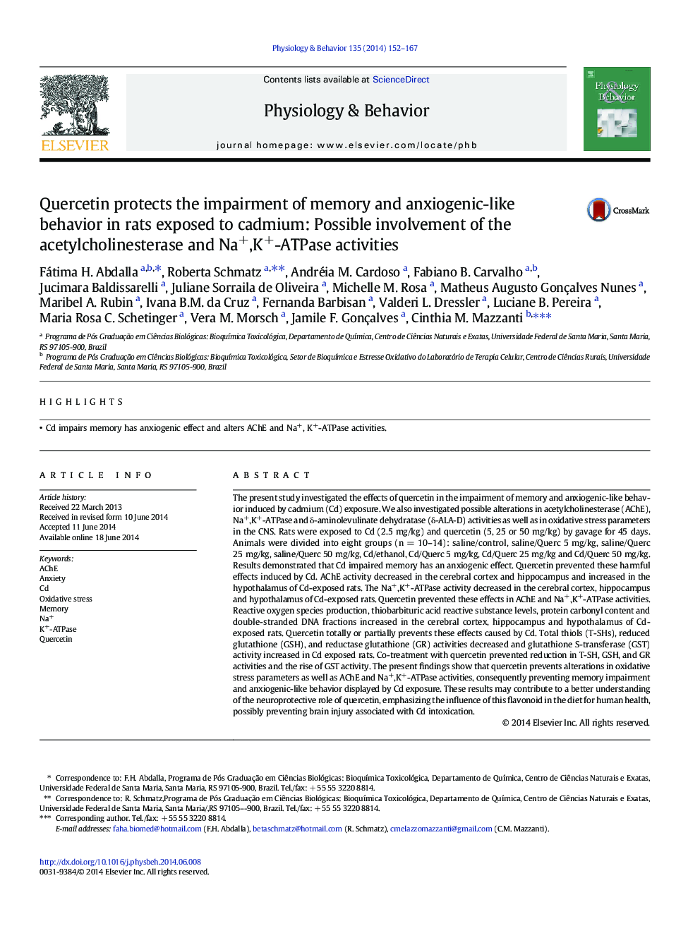 Quercetin protects the impairment of memory and anxiogenic-like behavior in rats exposed to cadmium: Possible involvement of the acetylcholinesterase and Na+,K+-ATPase activities
