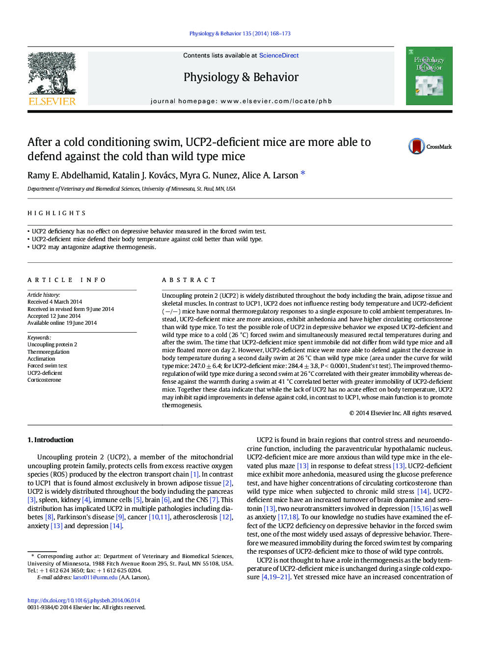 After a cold conditioning swim, UCP2-deficient mice are more able to defend against the cold than wild type mice