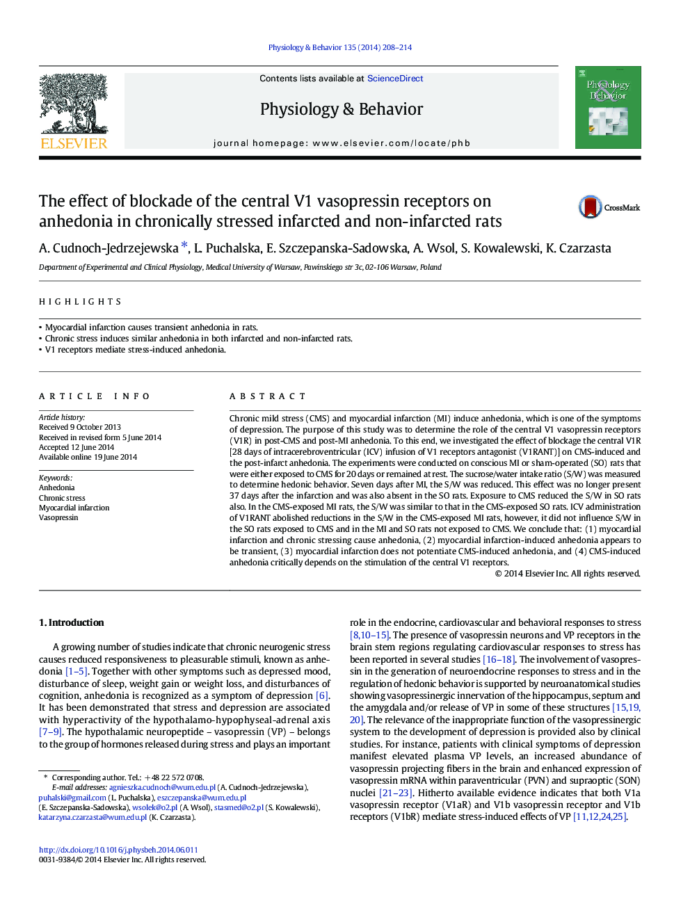 The effect of blockade of the central V1 vasopressin receptors on anhedonia in chronically stressed infarcted and non-infarcted rats