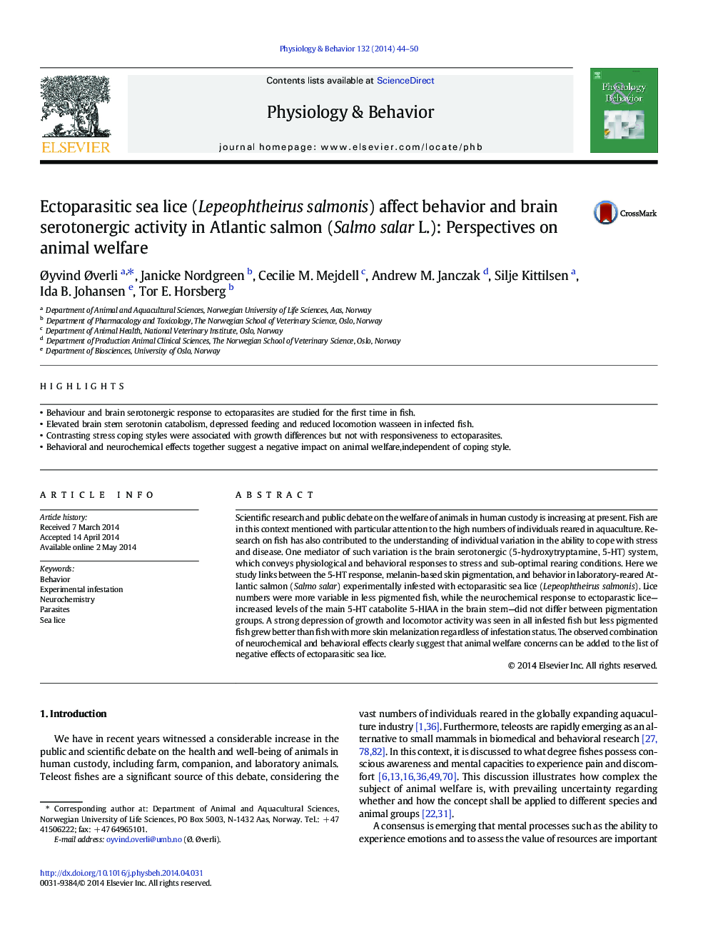 Ectoparasitic sea lice (Lepeophtheirus salmonis) affect behavior and brain serotonergic activity in Atlantic salmon (Salmo salar L.): Perspectives on animal welfare
