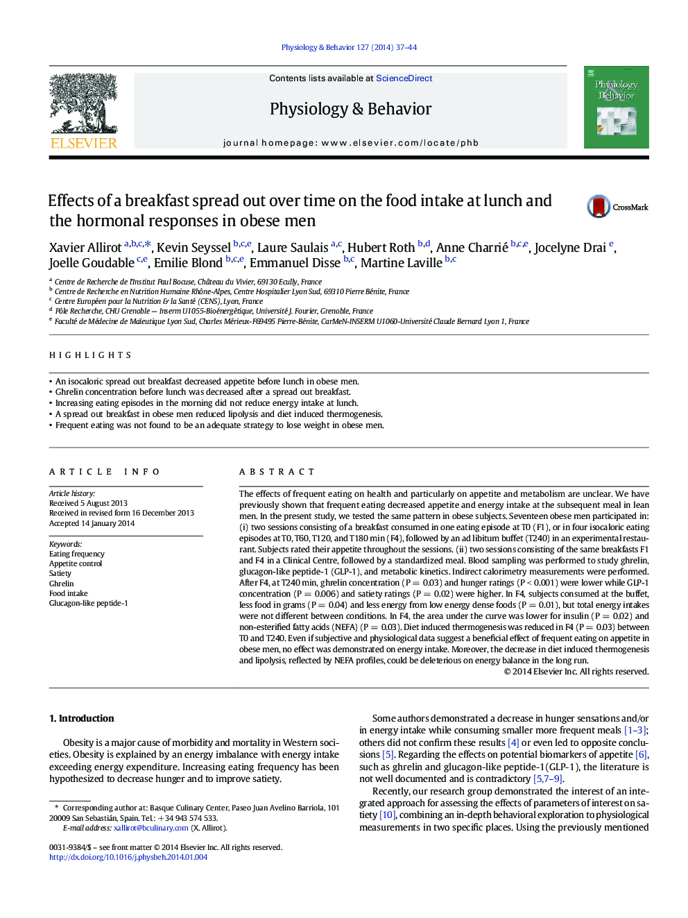 Effects of a breakfast spread out over time on the food intake at lunch and the hormonal responses in obese men