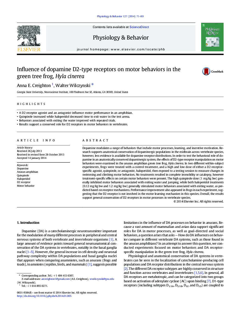 Influence of dopamine D2-type receptors on motor behaviors in the green tree frog, Hyla cinerea