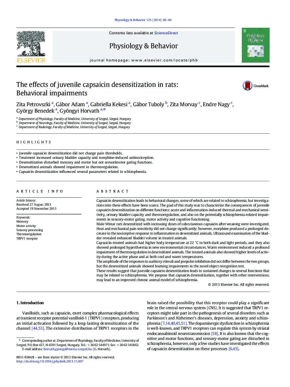 The effects of juvenile capsaicin desensitization in rats: Behavioral impairments