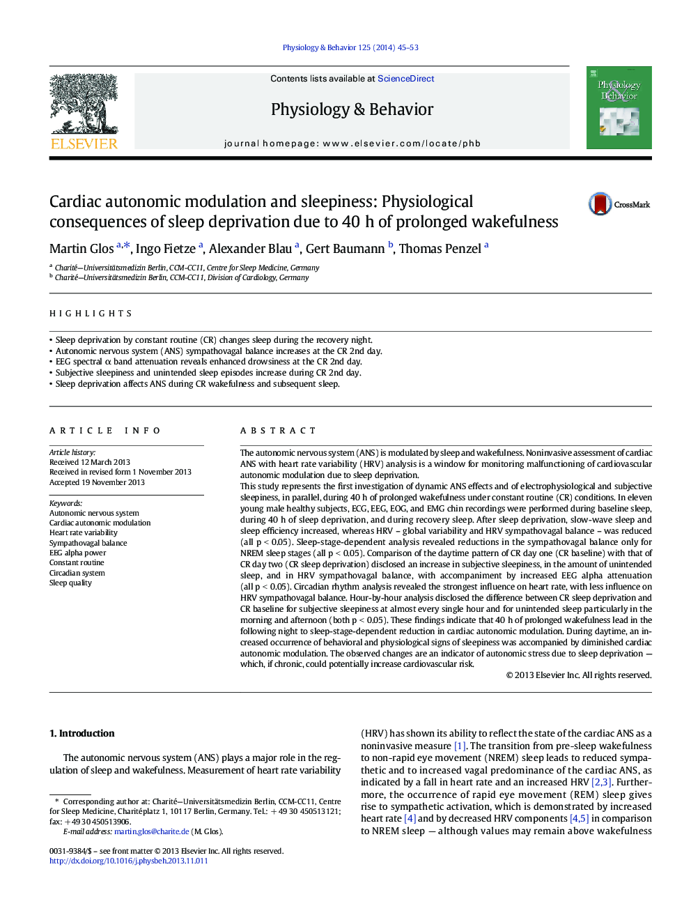Cardiac autonomic modulation and sleepiness: Physiological consequences of sleep deprivation due to 40 h of prolonged wakefulness