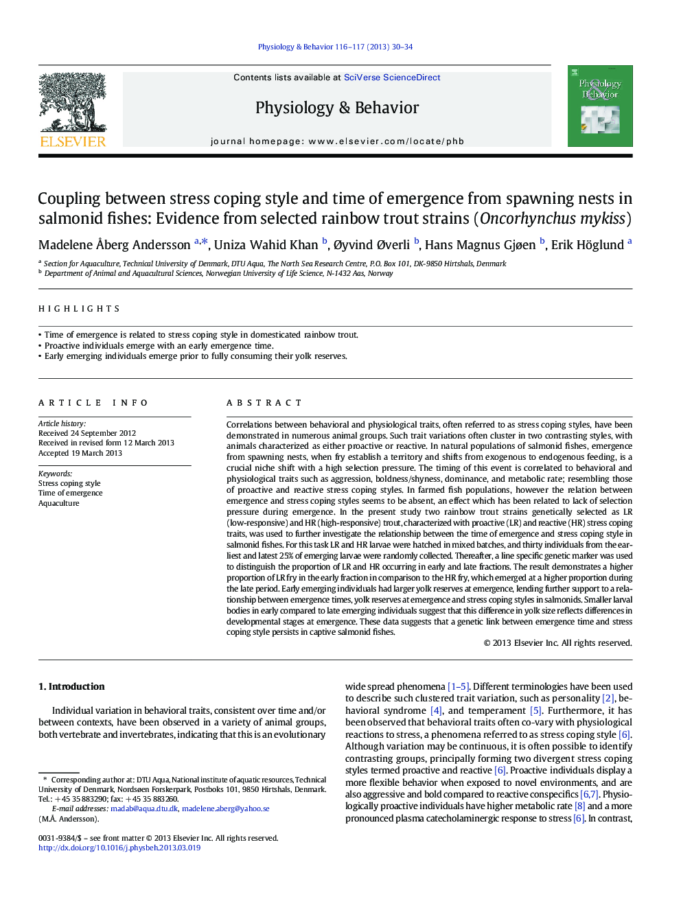 Coupling between stress coping style and time of emergence from spawning nests in salmonid fishes: Evidence from selected rainbow trout strains (Oncorhynchus mykiss)