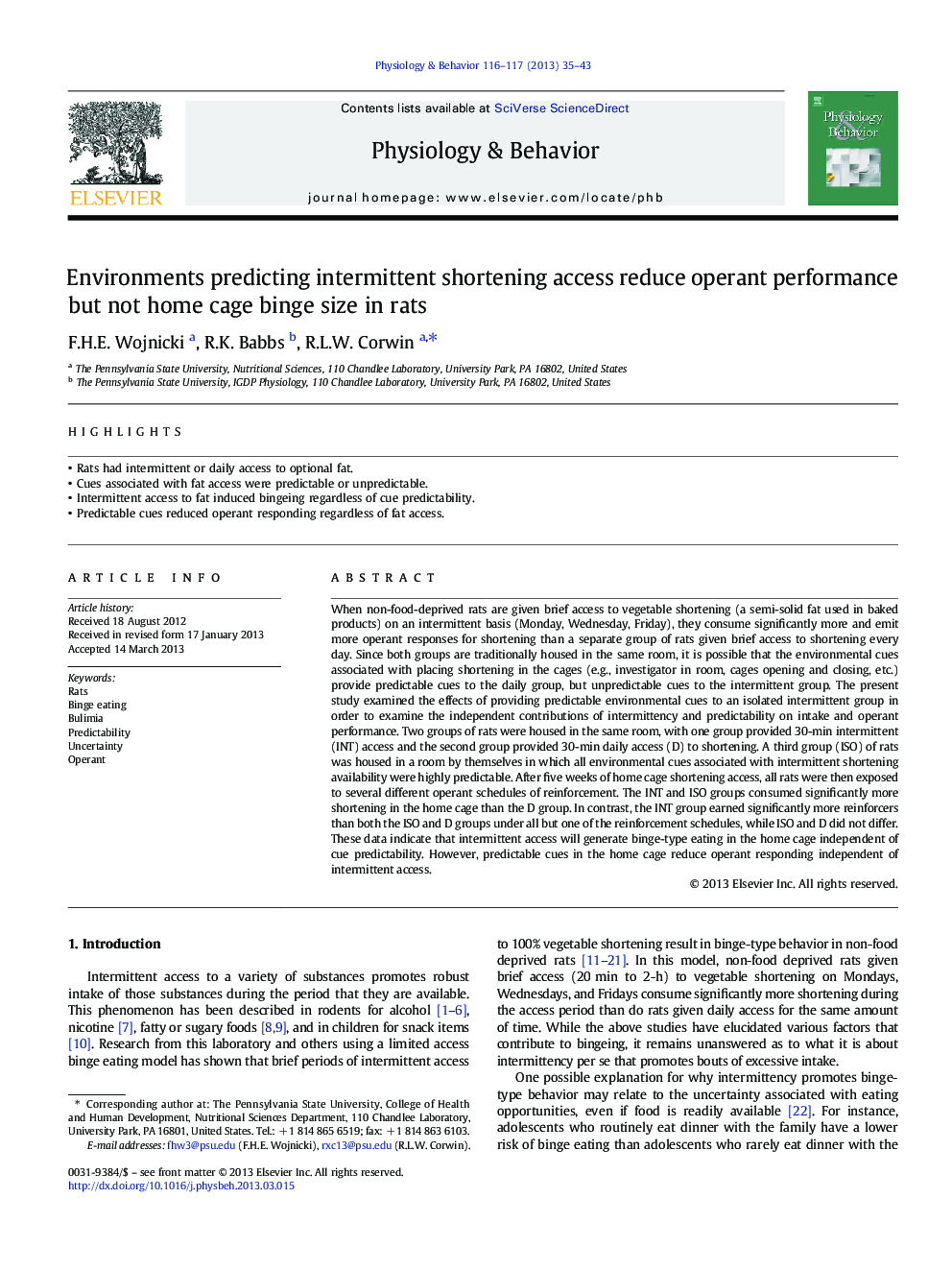 Environments predicting intermittent shortening access reduce operant performance but not home cage binge size in rats