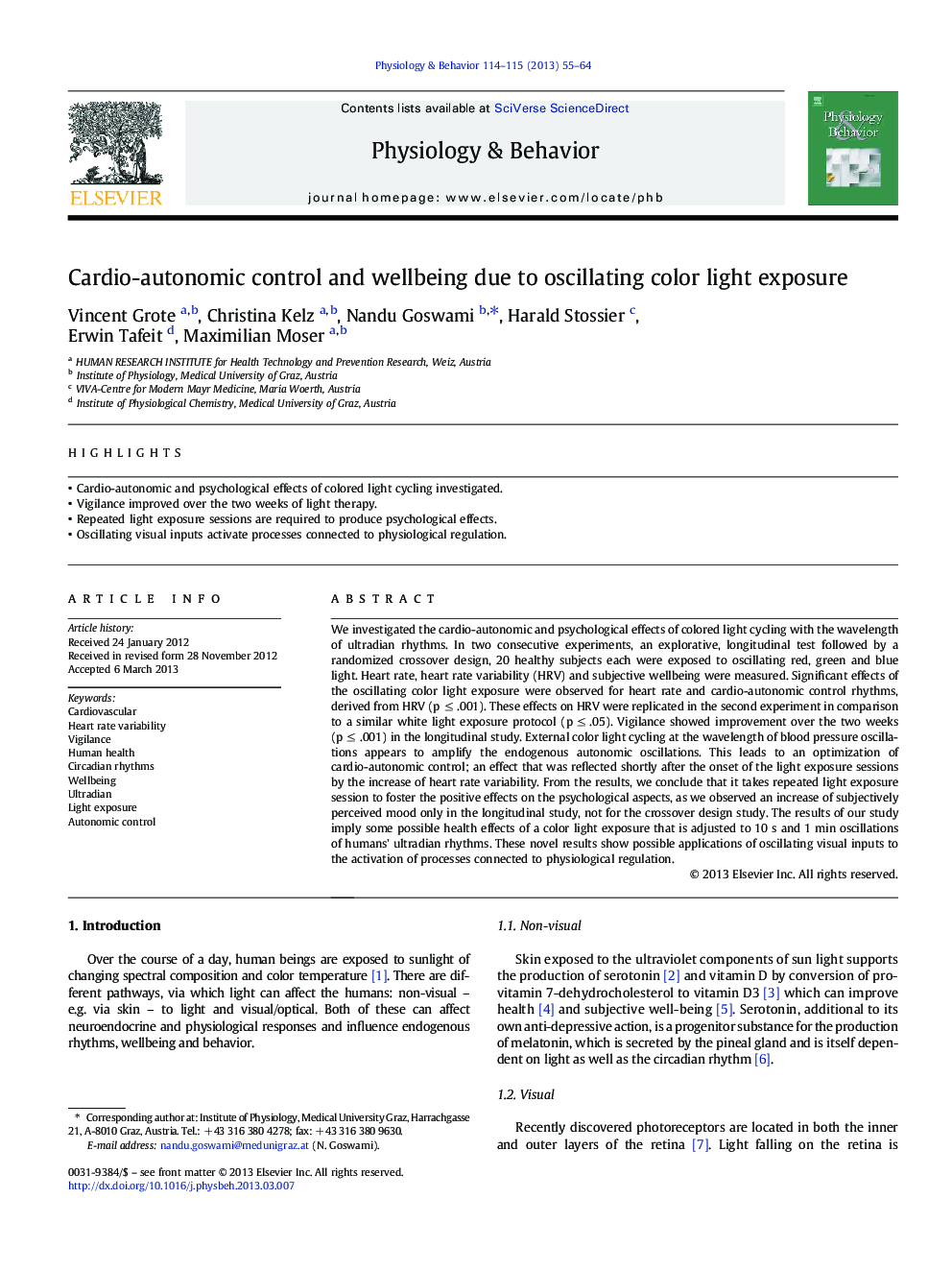 Cardio-autonomic control and wellbeing due to oscillating color light exposure