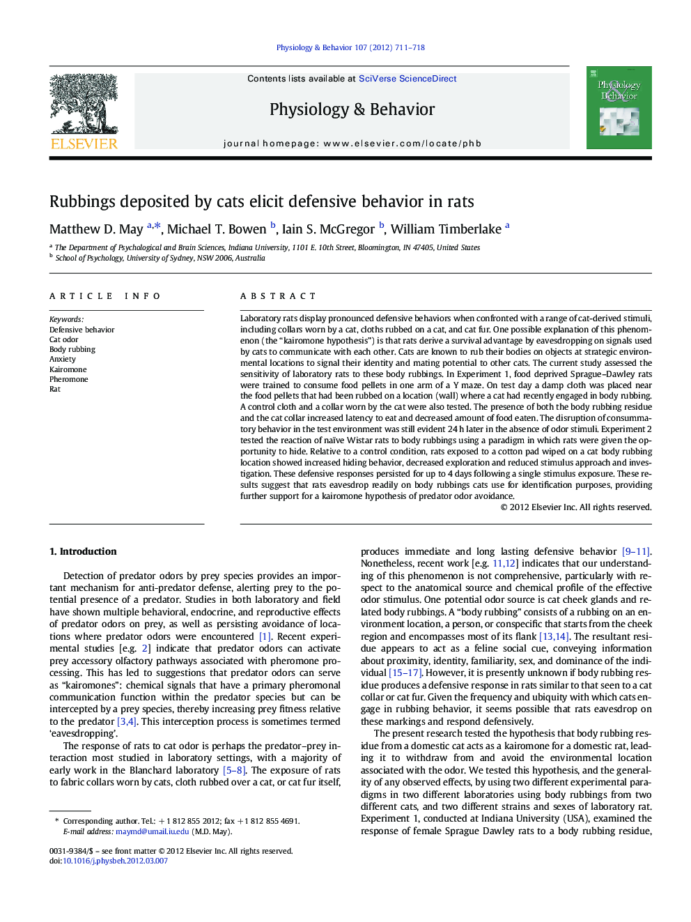 Rubbings deposited by cats elicit defensive behavior in rats