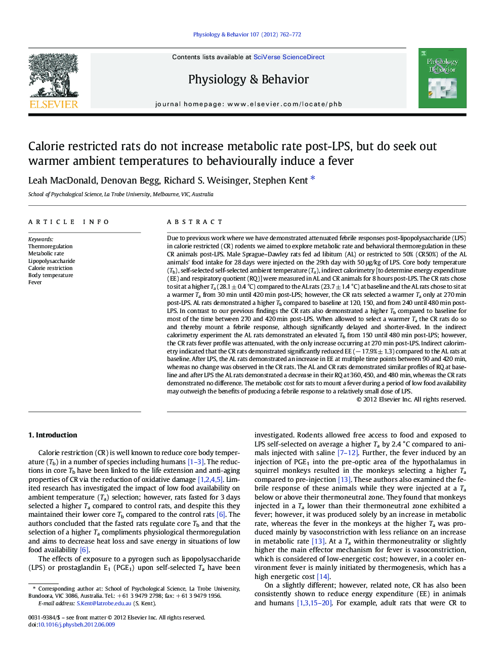 Calorie restricted rats do not increase metabolic rate post-LPS, but do seek out warmer ambient temperatures to behaviourally induce a fever