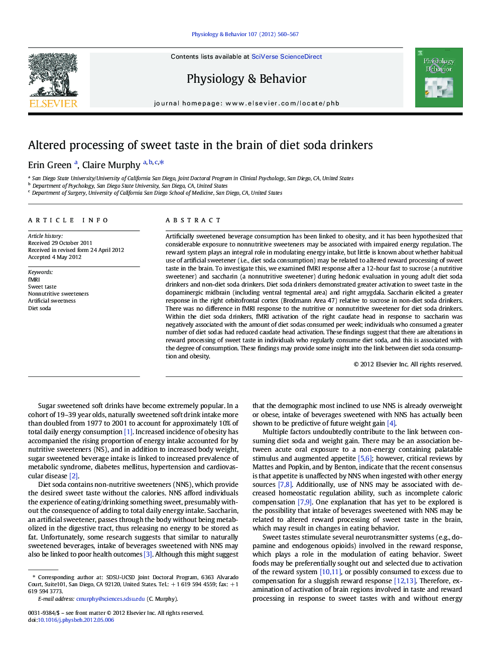 Altered processing of sweet taste in the brain of diet soda drinkers