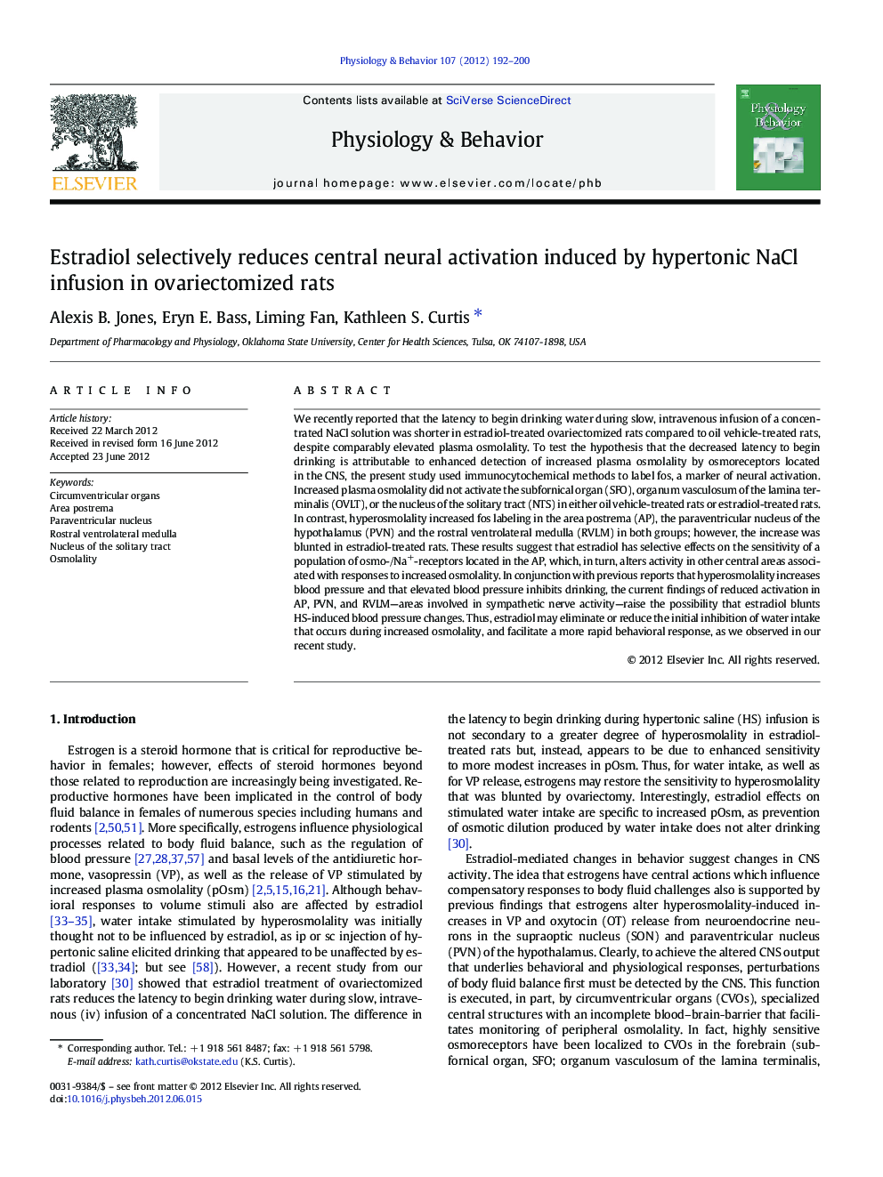 Estradiol selectively reduces central neural activation induced by hypertonic NaCl infusion in ovariectomized rats