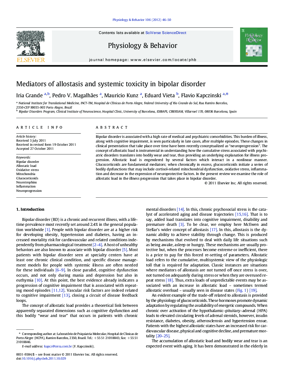 Mediators of allostasis and systemic toxicity in bipolar disorder