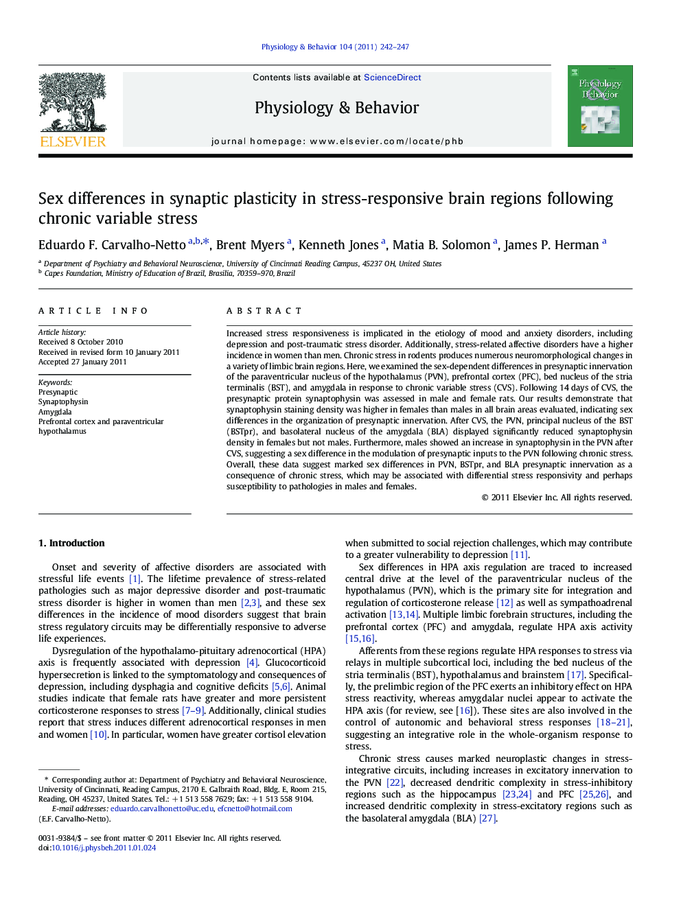 Sex differences in synaptic plasticity in stress-responsive brain regions following chronic variable stress