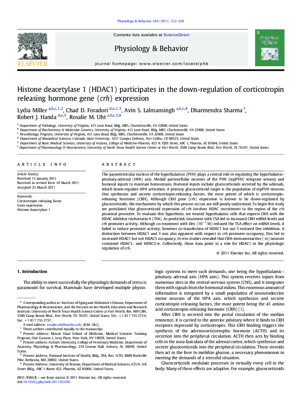 Histone deacetylase 1 (HDAC1) participates in the down-regulation of corticotropin releasing hormone gene (crh) expression