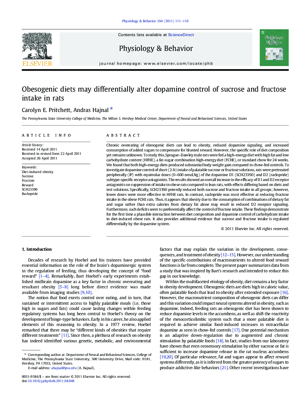 Obesogenic diets may differentially alter dopamine control of sucrose and fructose intake in rats