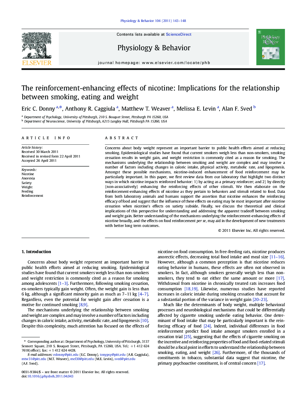 The reinforcement-enhancing effects of nicotine: Implications for the relationship between smoking, eating and weight