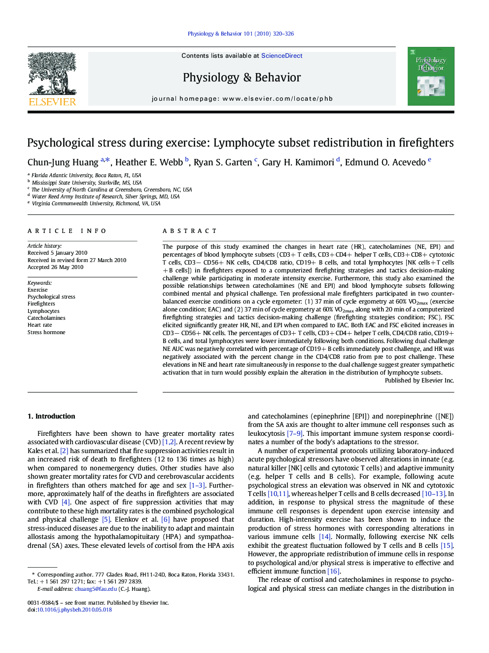 Psychological stress during exercise: Lymphocyte subset redistribution in firefighters