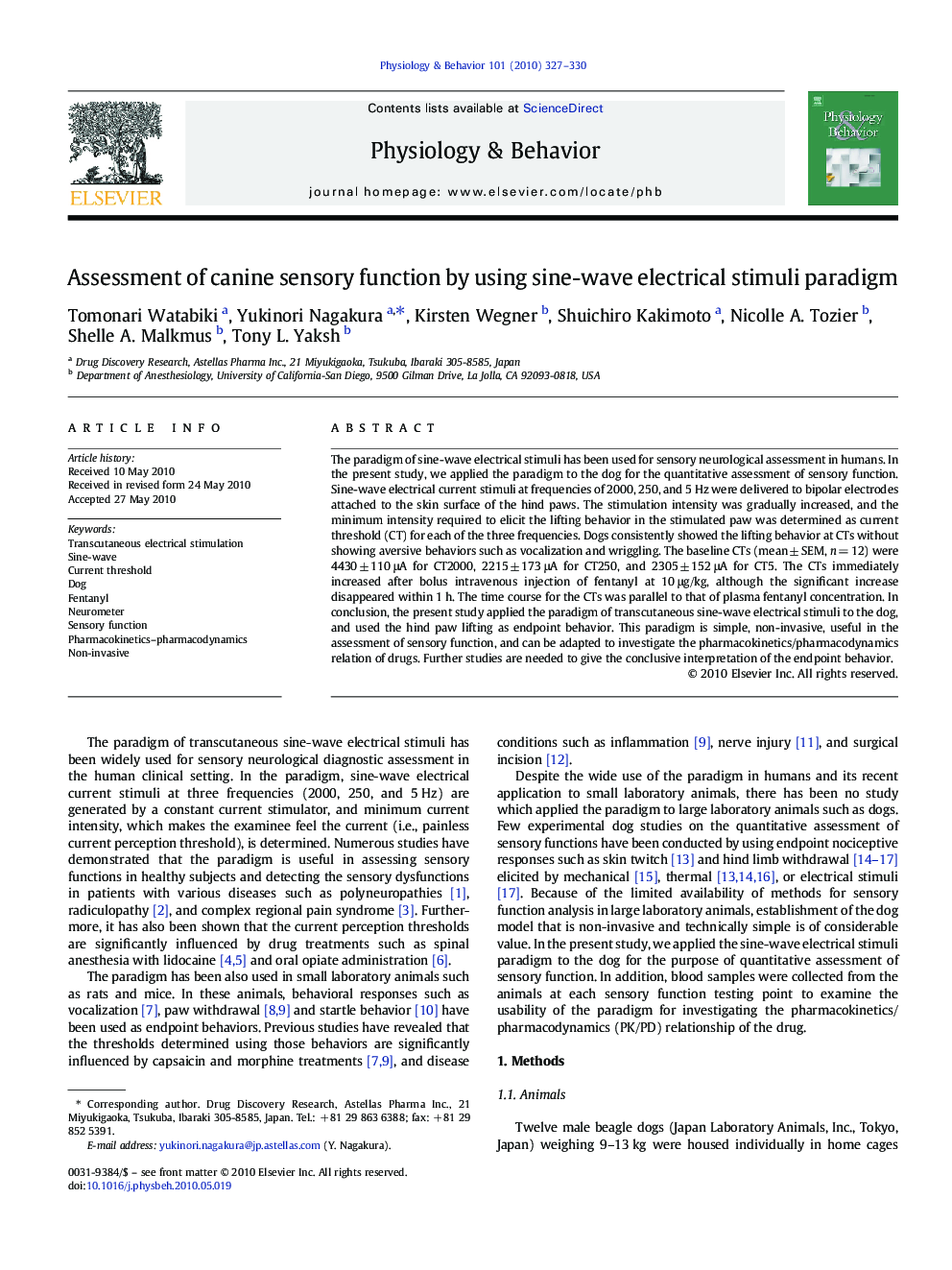 Assessment of canine sensory function by using sine-wave electrical stimuli paradigm