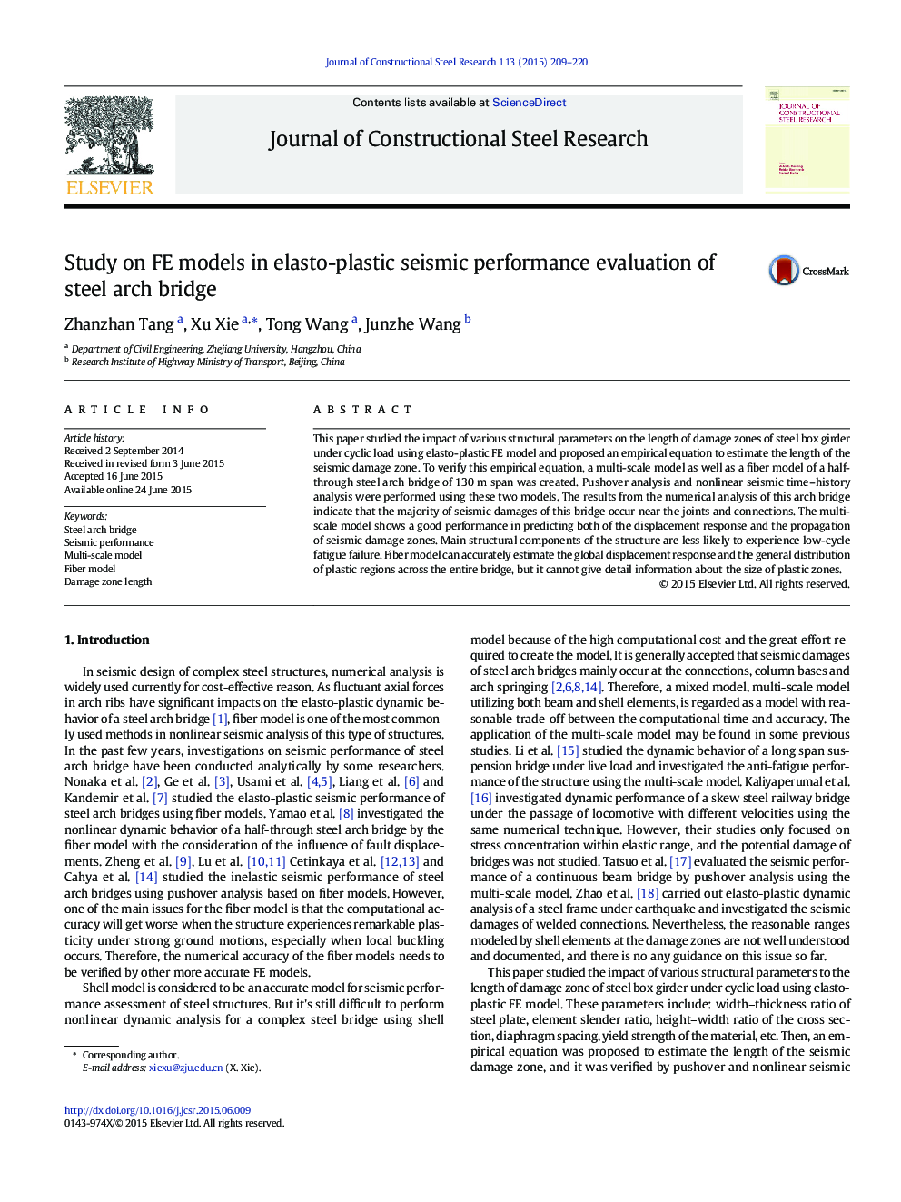 Study on FE models in elasto-plastic seismic performance evaluation of steel arch bridge