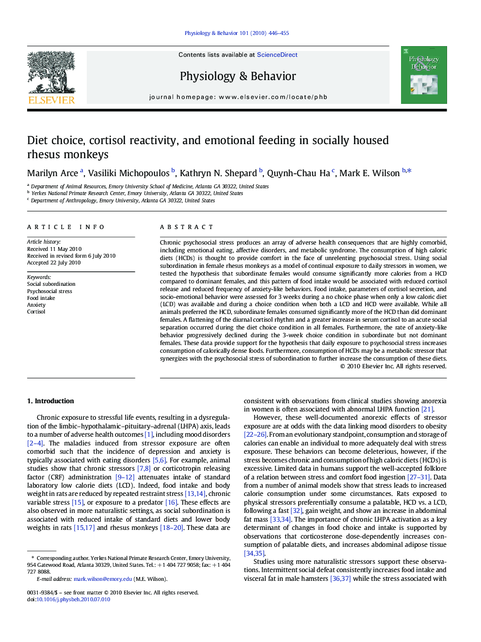 Diet choice, cortisol reactivity, and emotional feeding in socially housed rhesus monkeys